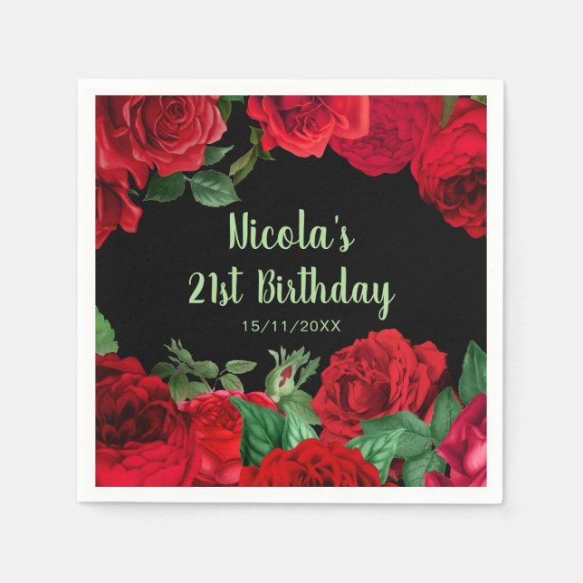 Elegant Red Roses Flowers Birthday Party Napkin (Front)