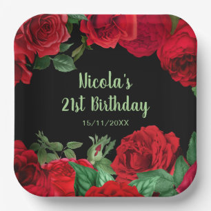 Elegant Red Roses Flowers Birthday Party Paper Plate