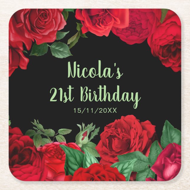 Elegant Red Roses Flowers Birthday Party Square Paper Coaster (Front)