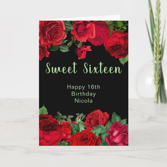 Elegant Red Roses Flowers Sweet Sixteen Card (Front)