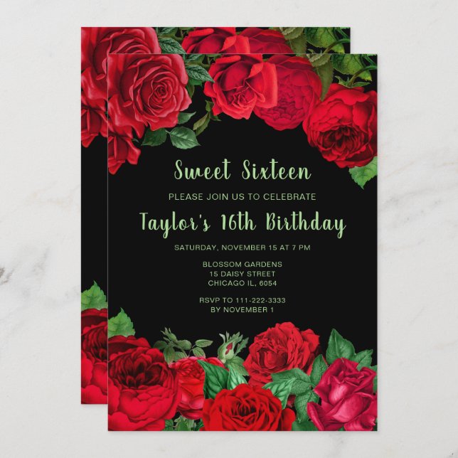 Elegant Red Roses Flowers Sweet Sixteen Invitation (Front/Back)