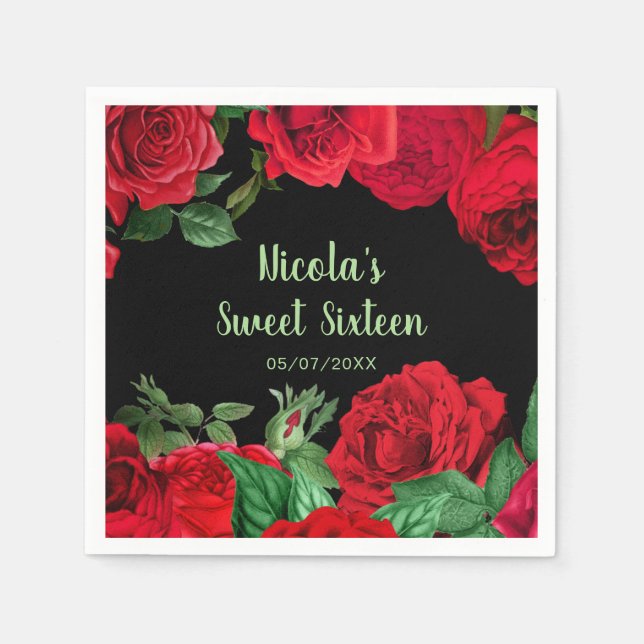Elegant Red Roses Flowers Sweet Sixteen Napkin (Front)