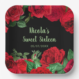 Elegant Red Roses Flowers Sweet Sixteen Paper Plate