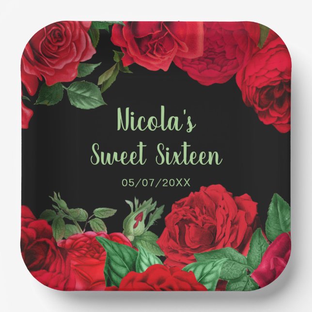 Elegant Red Roses Flowers Sweet Sixteen Paper Plate (Front)