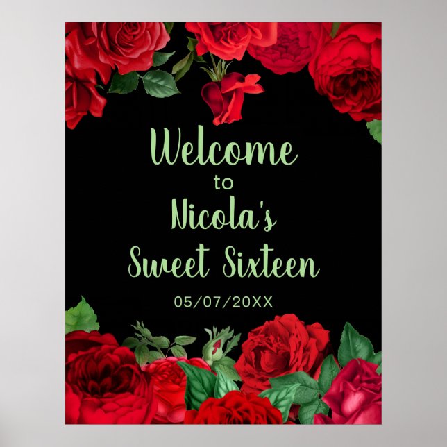 Elegant Red Roses Flowers Sweet Sixteen Poster (Front)