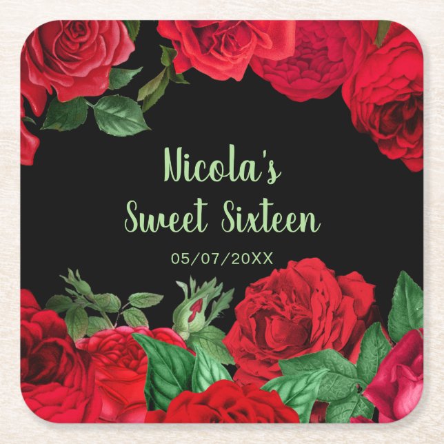 Elegant Red Roses Flowers Sweet Sixteen Square Paper Coaster (Front)