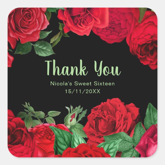Elegant Red Roses Flowers Sweet Sixteen Square Sticker (Front)