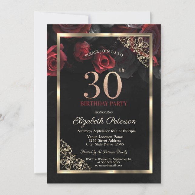 Elegant Red Roses Frame Black 30th Birthday  Invitation (Front)