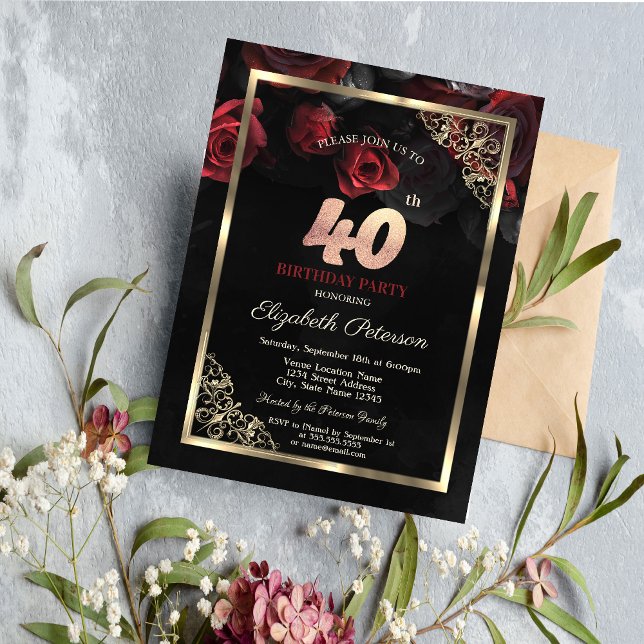Elegant Red Roses Frame Black 40th Birthday  Invitation (Creator Uploaded)