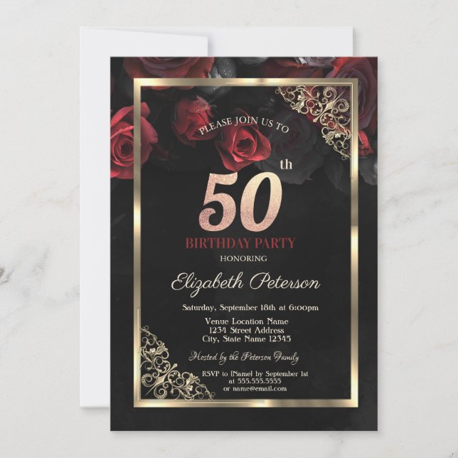 Elegant Red Roses Frame Black 50th Birthday  Invitation (Front)