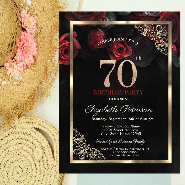 Elegant Red Roses Frame Black 70th Birthday  Invitation (Creator Uploaded)