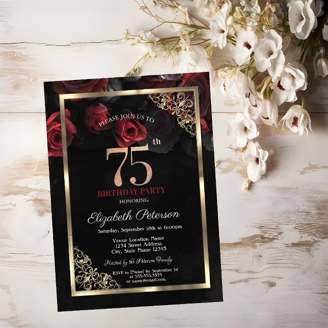 Elegant Red Roses Frame Black 75th Birthday  Invitation (Creator Uploaded)