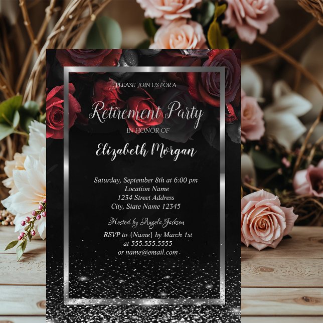 Elegant Red Roses Frame Confetti Retirement Invitation (Creator Uploaded)