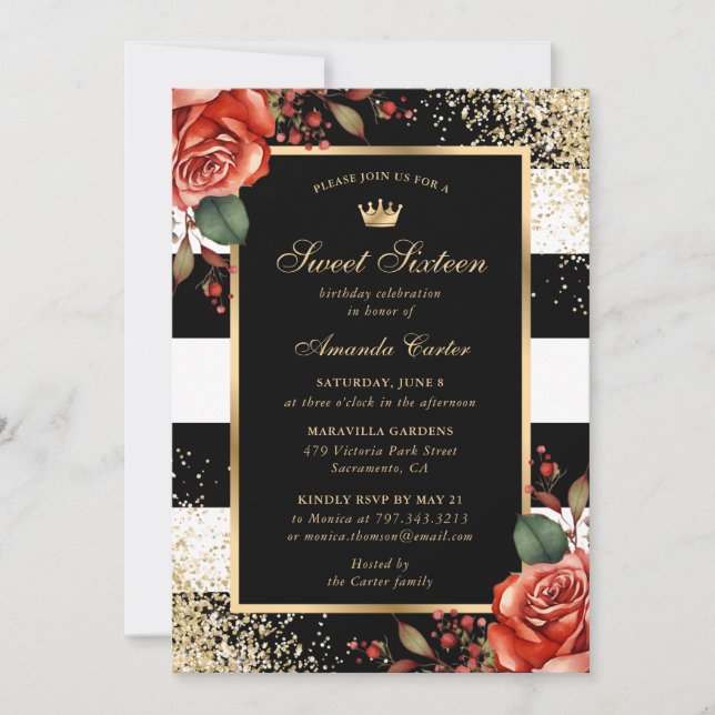 Elegant Red Roses Glitter Sweet Sixteen Birthday Invitation (Front)