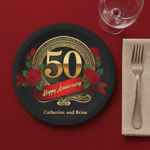 Elegant Red Roses & Gold 50th Wedding Anniversary Paper Plate