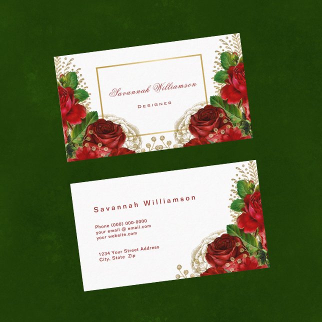 Elegant Red Roses Gold Customisable Business Card (Creator Uploaded)