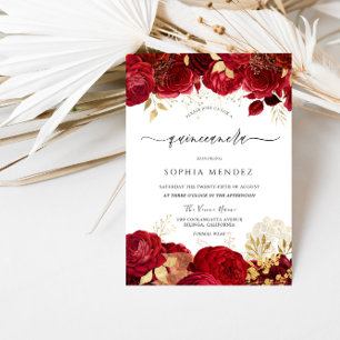 Elegant Red Roses Gold leaf Quinceanera Party Invitation