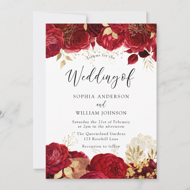 Elegant Red Roses Gold leaf Wedding Invitation (Front)