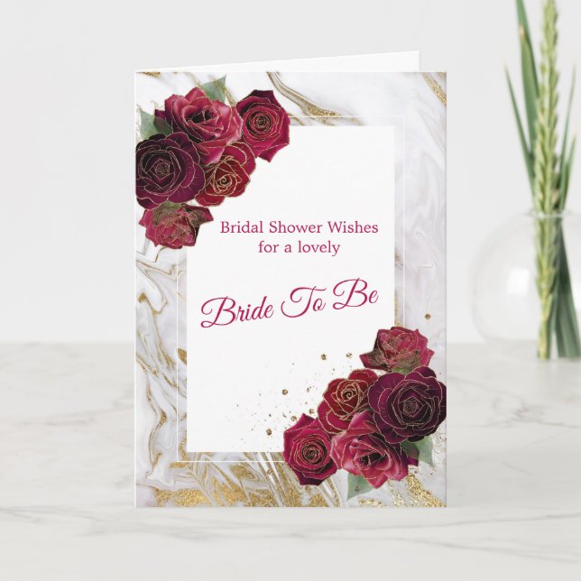 Elegant Red Roses Gold Marble Bridal Shower Card (Front)