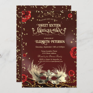Elegant Red Roses Gold Masque Pearls Sweet 16   Invitation