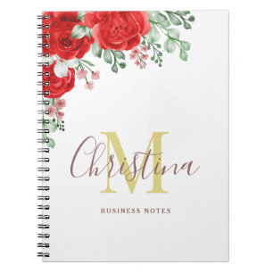 Elegant Red Roses & Gold Monogram Notebook