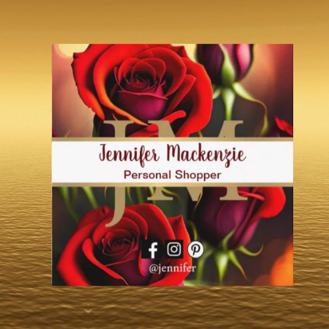 Elegant Red Roses Gold Square Business Card (Creator Uploaded)