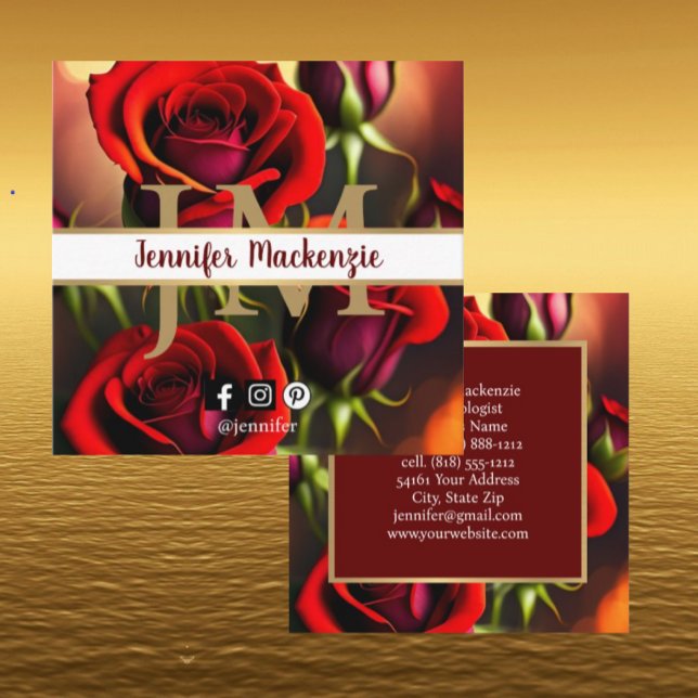 Elegant Red Roses Gold Square Business Card (Creator Uploaded)