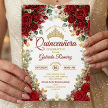 Elegant Red Roses Golden Butterflies Quinceañera
