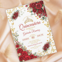 Elegant Red Roses Golden Butterflies Quinceañera