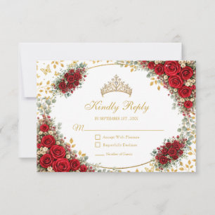 Elegant Red Roses Golden Butterflies Quinceañera RSVP Card