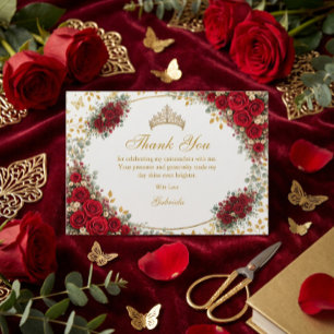 Elegant Red Roses Golden Butterflies Quinceañera Thank You Card