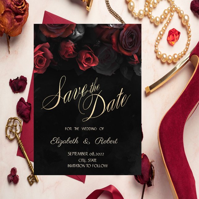 Elegant Red Roses Gothic Black Save The Date (Creator Uploaded)