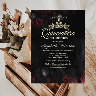 Elegant Red Roses Gothic Quinceañera  Invitation