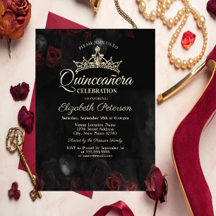 Elegant Red Roses Gothic Quinceañera  Invitation