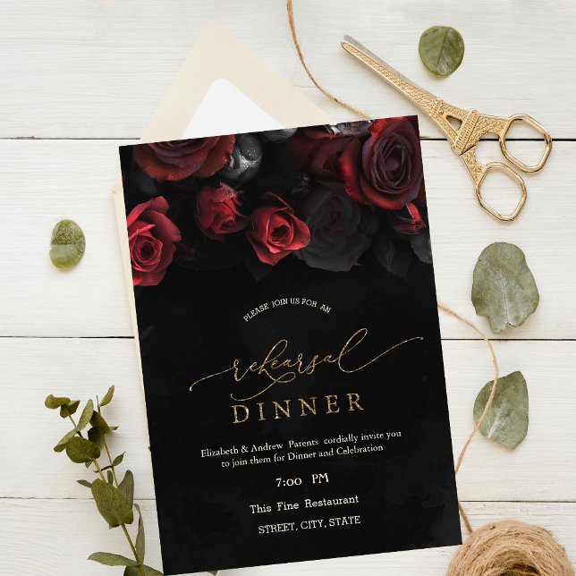 Elegant Red Roses Gothic Rehearsal Dinner   Invitation (Creator Uploaded)