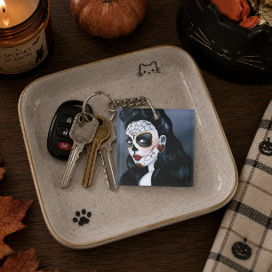 Elegant Red Roses Gothic Sugar Skull Woman Key Ring
