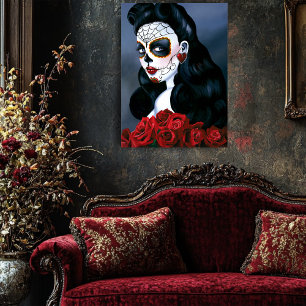 Elegant Red Roses Gothic Sugar Skull Woman Poster