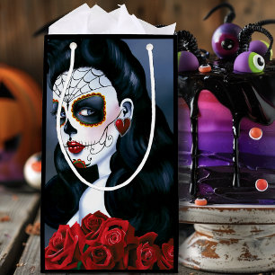Elegant Red Roses Gothic Sugar Skull Woman Small Gift Bag
