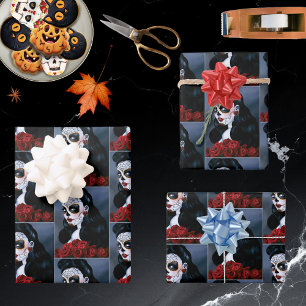 Elegant Red Roses Gothic Sugar Skull Woman Wrapping Paper Sheet