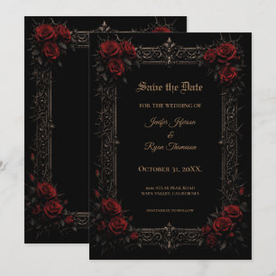 Elegant red roses Gothic wedding save the date Announcement
