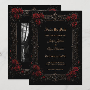 Elegant red roses Gothic wedding save the date Announcement