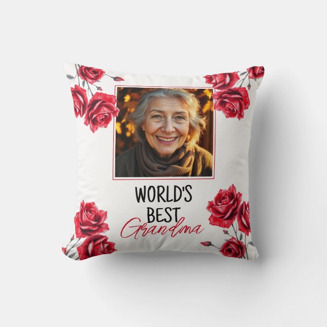 Elegant Red Roses Grandma Photo Cushion (Front)