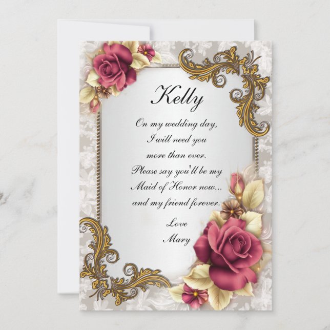 Elegant Red Roses Maid Of Honour Card (Front)
