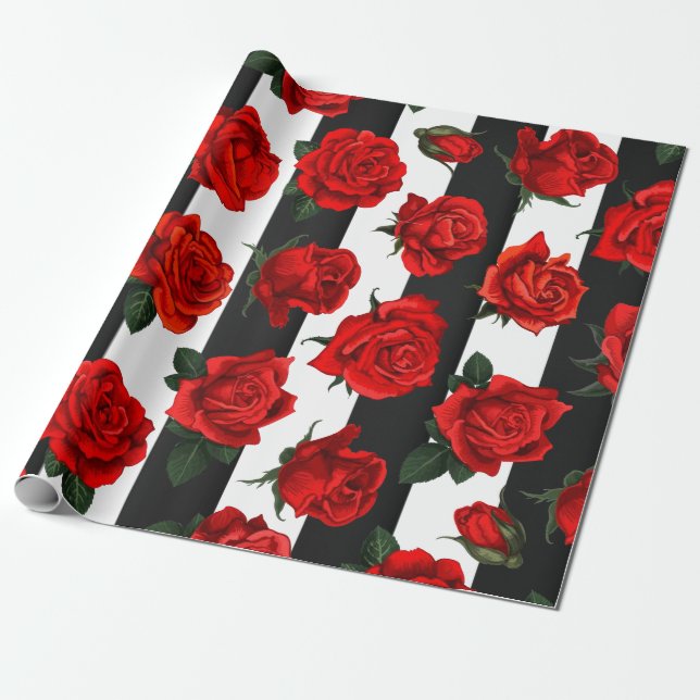  Elegant Red Roses on Black & White Stripes Wrapping Paper (Unrolled)