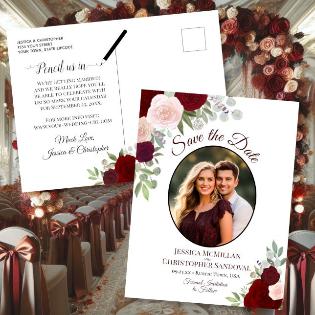 Elegant Red Roses & Photo Wedding Save the Date Announcement Postcard (Front/Back)