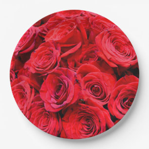 Elegant red roses red flowers red floral paper plate