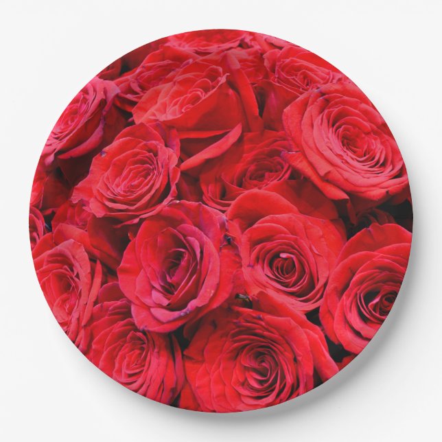 Elegant red roses red flowers red floral paper plate (Front)