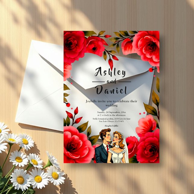 Elegant Red Roses Romantic Couple Floral Wedding Acrylic Invitations (Creator Uploaded)