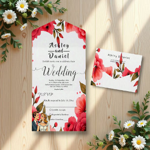 Elegant Red Roses Romantic Couple Floral Wedding All In One Invitation