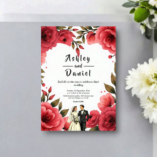 Elegant Red Roses Romantic Couple Floral Wedding Invitation